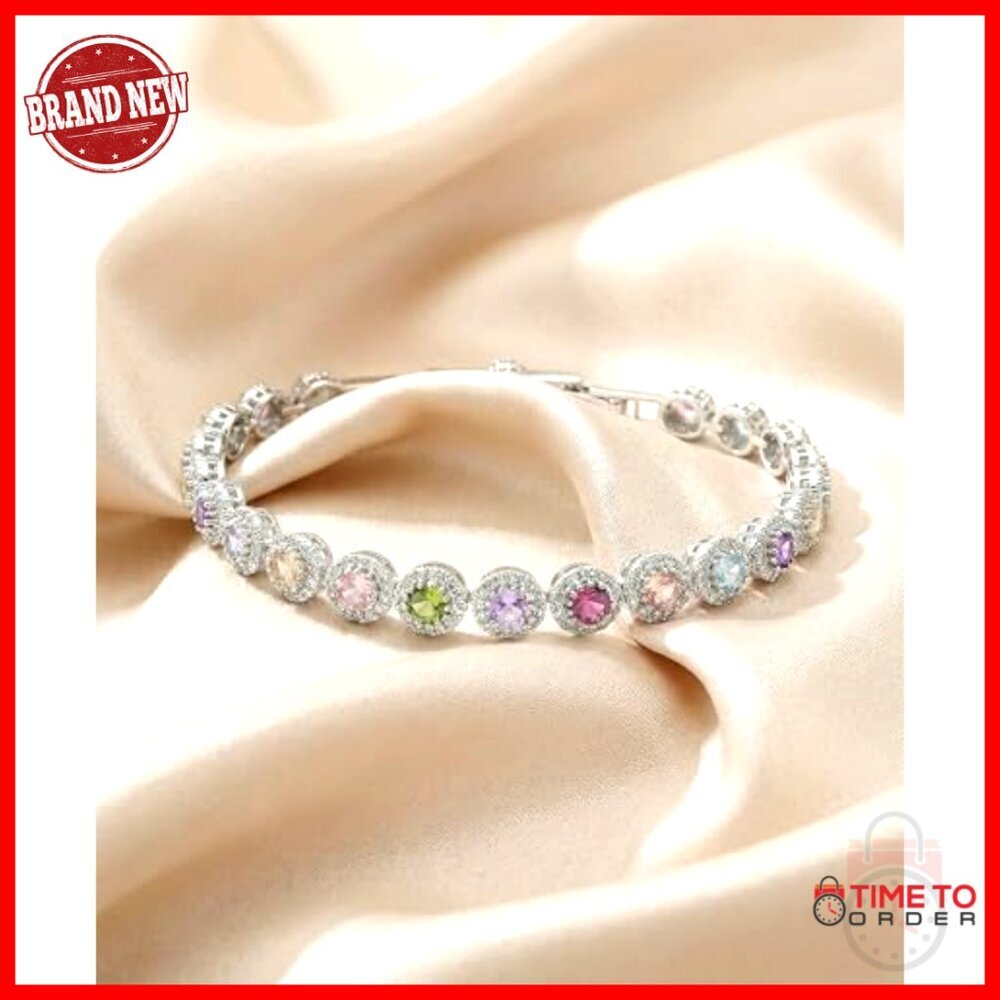 14K Gold Plated Tennis Bracelet with Gemstones, Adjustable 6.3" Length - Picture 6 of 7